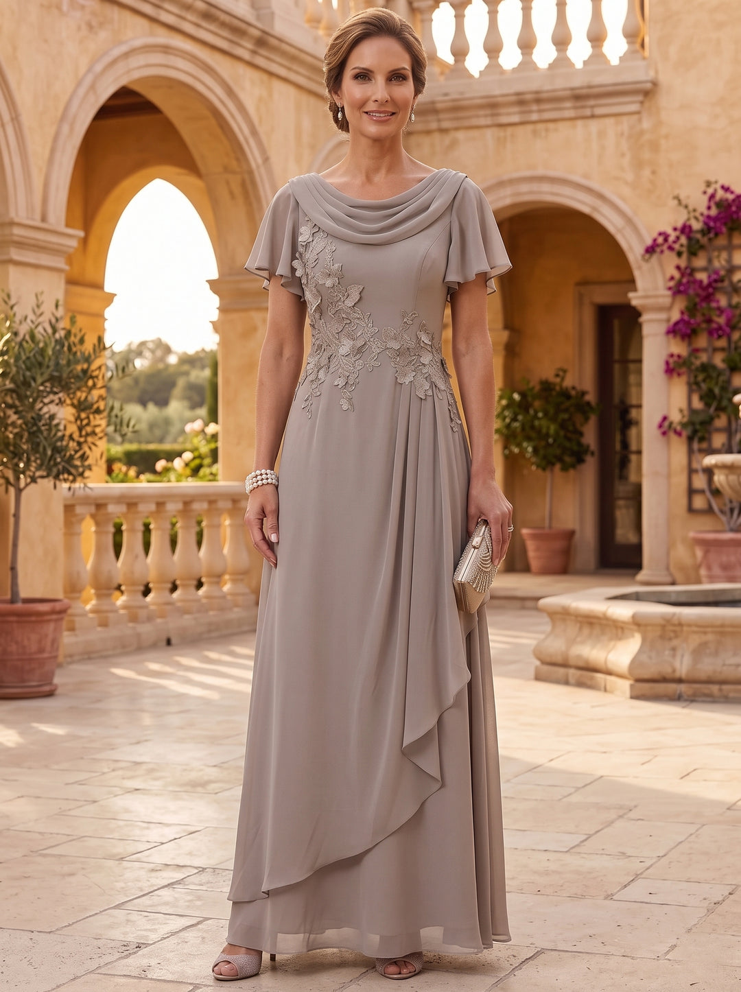 A-Line/Princess Cowl Neck Chiffon Mother of the Bride Dresses Floral Short Sleeves Floor-Length Ruffles