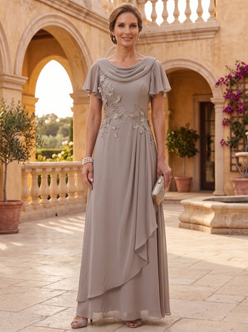A-Line/Princess Cowl Neck Chiffon Mother of the Bride Dresses Floral Short Sleeves Floor-Length Ruffles