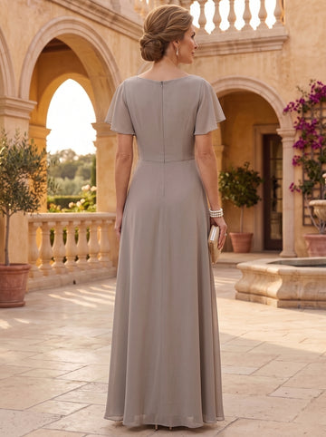 A-Line/Princess Cowl Neck Chiffon Mother of the Bride Dresses Floral Short Sleeves Floor-Length Ruffles