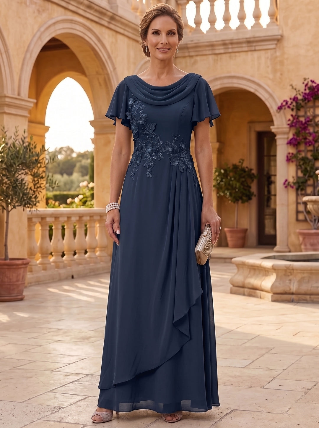 A-Line/Princess Cowl Neck Chiffon Mother of the Bride Dresses Floral Short Sleeves Floor-Length Ruffles