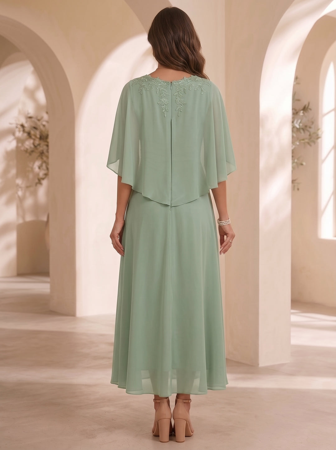 A-Line/Princess V-Neck Chiffon Mother of the Bride Dresses Cape Sleeves Ruched Lace Asymmetrical Tea-Length