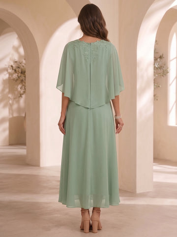 A-Line/Princess V-Neck Chiffon Mother of the Bride Dresses Cape Sleeves Ruched Lace Asymmetrical Tea-Length