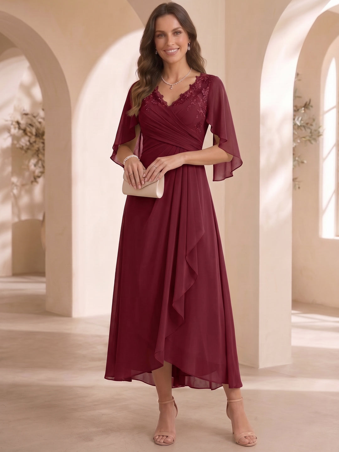 A-Line/Princess V-Neck Chiffon Mother of the Bride Dresses Cape Sleeves Ruched Lace Asymmetrical Tea-Length