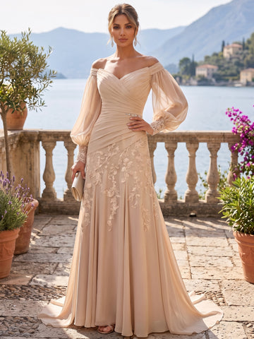 A-Line/Princess Off-the-Shoulder Chiffon Mother of the Bride Dresses Lace Long Sleeves Floor-Length