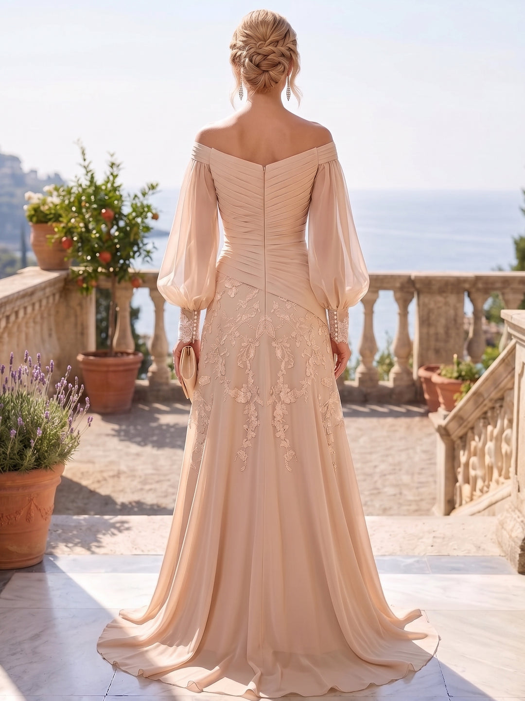 A-Line/Princess Off-the-Shoulder Chiffon Mother of the Bride Dresses Lace Long Sleeves Floor-Length