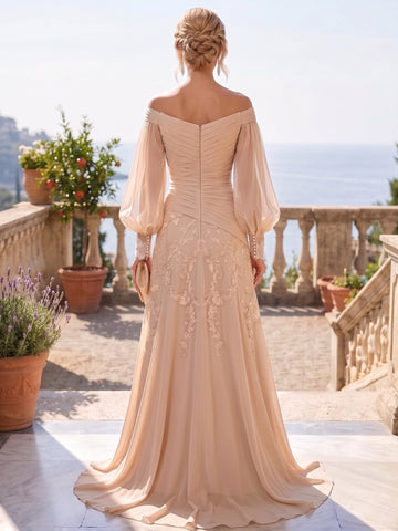 A-Line/Princess Off-the-Shoulder Chiffon Mother of the Bride Dresses Lace Long Sleeves Floor-Length