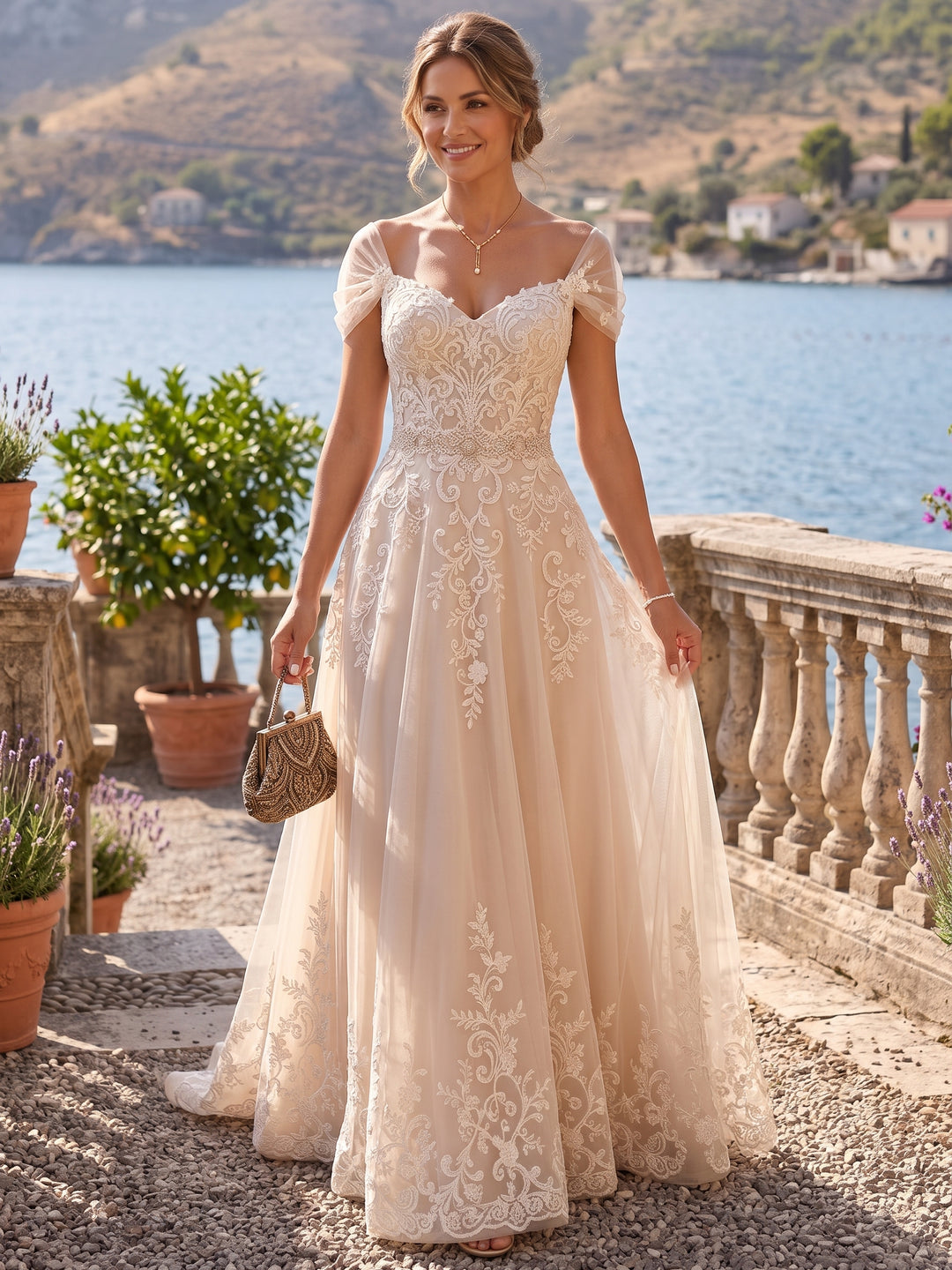 A-Line/Princess Off-the-Shoulder Lace Appliques Mother Of The Bride Dresse Floor-Length Short Sleeves