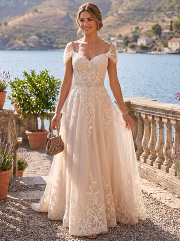 A-Line/Princess Off-the-Shoulder Lace Appliques Mother Of The Bride Dresse Floor-Length Short Sleeves
