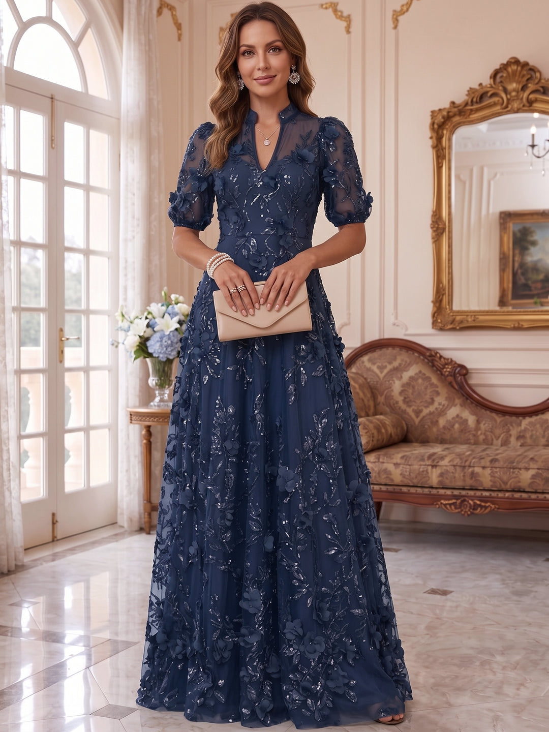 A-Line/Princess V-Neck Mother of the Bride Dresses 3D Flowers Embroidery Floor-Length Short Sleeves