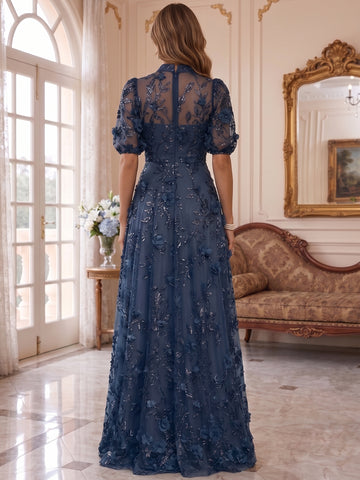 A-Line/Princess V-Neck Mother of the Bride Dresses 3D Flowers Embroidery Floor-Length Short Sleeves
