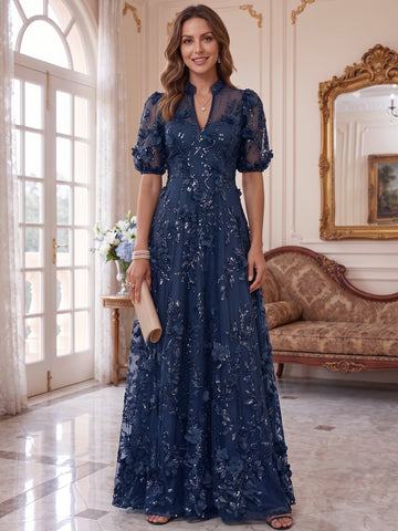 A-Line/Princess V-Neck Mother of the Bride Dresses 3D Flowers Embroidery Floor-Length Short Sleeves
