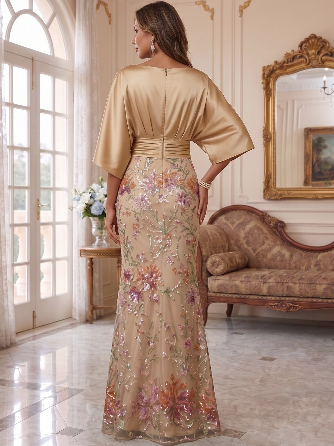 Trumpet/Mermaid Boat Neck Silk Satin Mother Of The Bride Dresses Lace Sequins Floor Length 3/4 Sleeves