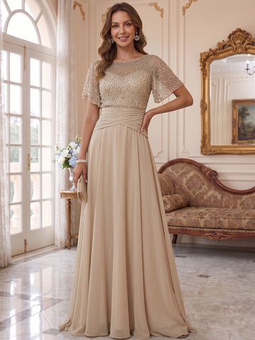 A-Line/Princess Scoop Chiffon Mother of the Bride Dresses Sequins Cape Sleeves Ruched Floor-Length