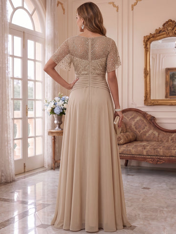 A-Line/Princess Scoop Chiffon Mother of the Bride Dresses Sequins Cape Sleeves Ruched Floor-Length