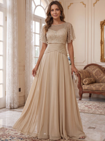 A-Line/Princess Scoop Chiffon Mother of the Bride Dresses Sequins Cape Sleeves Ruched Floor-Length