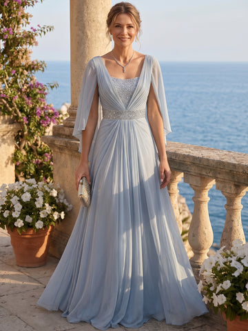A-Line/Princess V-Neck Chiffon Mother of the Bride Dresses Sequins Flutter Sleeves Floor-Length