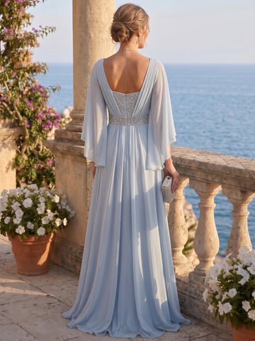 A-Line/Princess V-Neck Chiffon Mother of the Bride Dresses Sequins Flutter Sleeves Floor-Length
