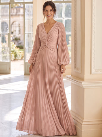 A-Line/Princess V-Neck Satin Evening Dresses Long Sleeves Pleated Formal Dresses Floor-Length
