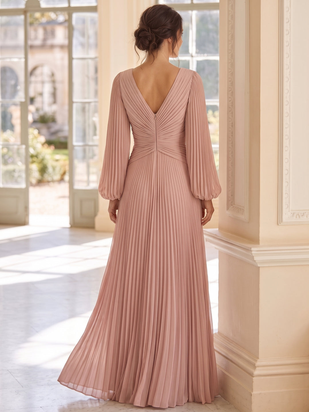A-Line/Princess V-Neck Satin Evening Dresses Long Sleeves Pleated Formal Dresses Floor-Length