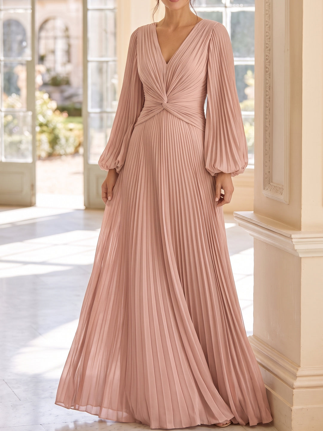 A-Line/Princess V-Neck Satin Evening Dresses Long Sleeves Pleated Formal Dresses Floor-Length