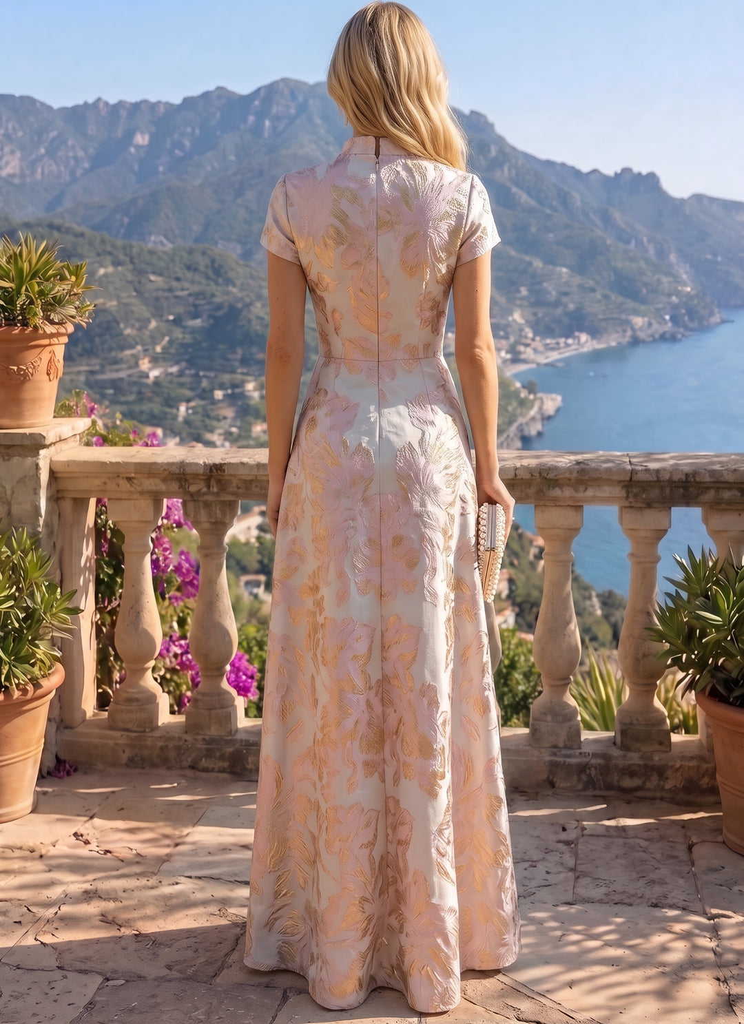 A-Line/Princess V-Neck Jacquard Mother Of The Bride Dresses Floral Floor Length Short Sleeves