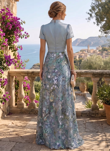 A-Line/Princess V-Neck Satin Mother Of The Bride Dresses Floral Floor Length Short Sleeves