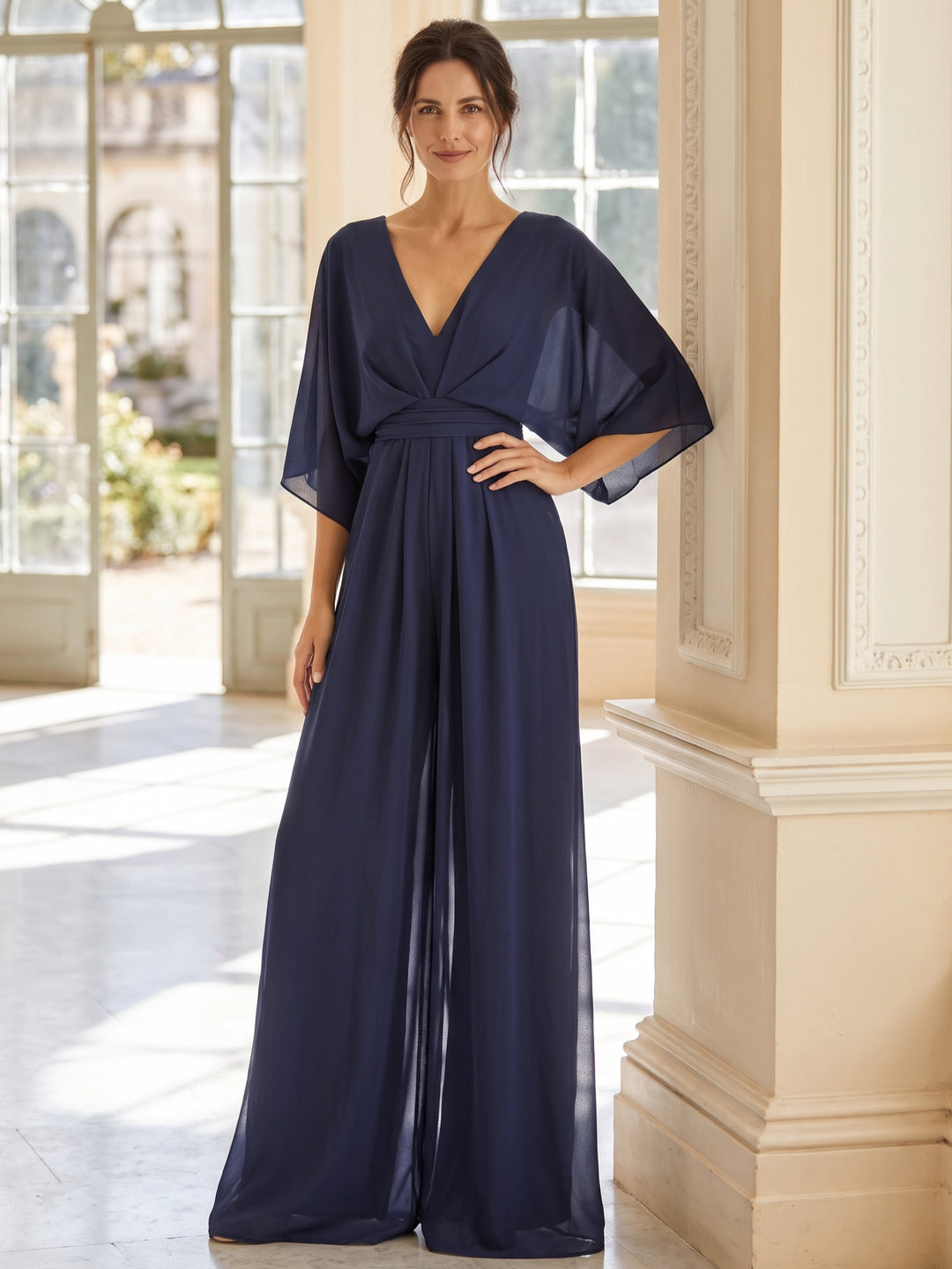 V-Neck Chiffon Mother of the Bride & Groom Pantsuits 1/2 Sleeves With Ruched