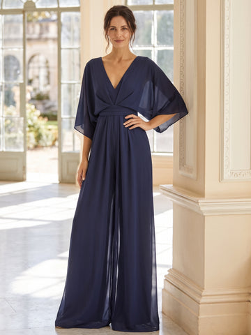 V-Neck Chiffon Mother of the Bride & Groom Pantsuits 1/2 Sleeves With Ruched