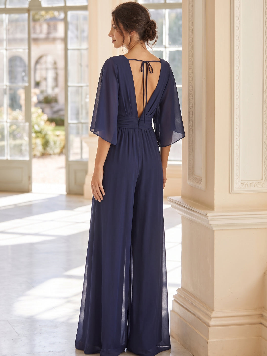 V-Neck Chiffon Mother of the Bride & Groom Pantsuits 1/2 Sleeves With Ruched