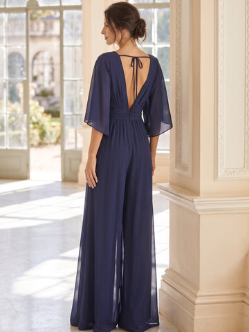 V-Neck Chiffon Mother of the Bride & Groom Pantsuits 1/2 Sleeves With Ruched