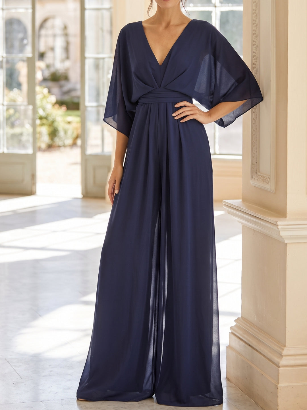 V-Neck Chiffon Mother of the Bride & Groom Pantsuits 1/2 Sleeves With Ruched