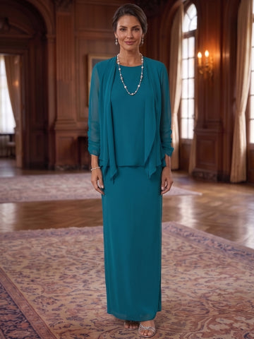 3 Piece Dress Set Sheath/Column Scoop Neck Long Sleeves Floor-Length Mother of the Bride Dresses with Jacket