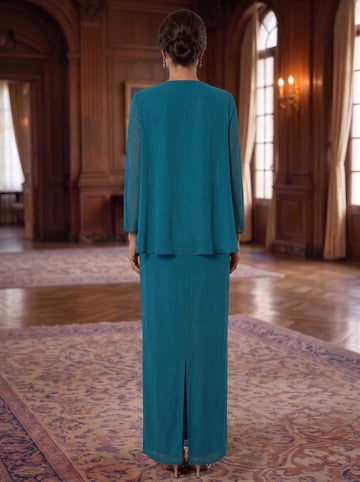3 Piece Dress Set Sheath/Column Scoop Neck Long Sleeves Floor-Length Mother of the Bride Dresses with Jacket