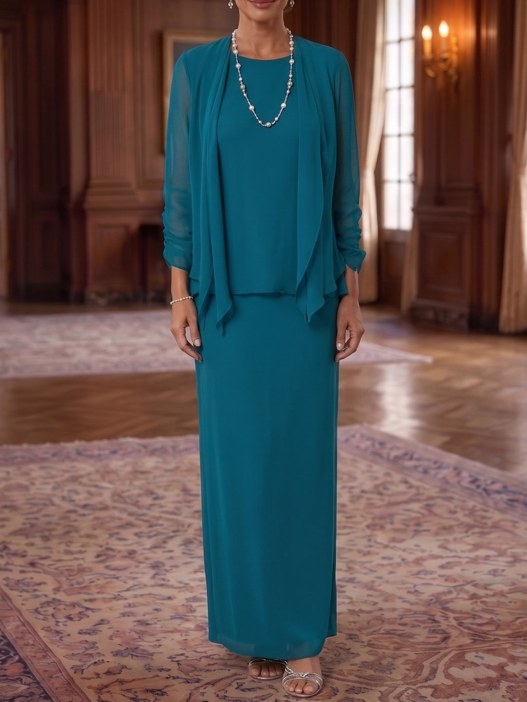 3 Piece Dress Set Sheath/Column Scoop Neck Long Sleeves Floor-Length Mother of the Bride Dresses with Jacket