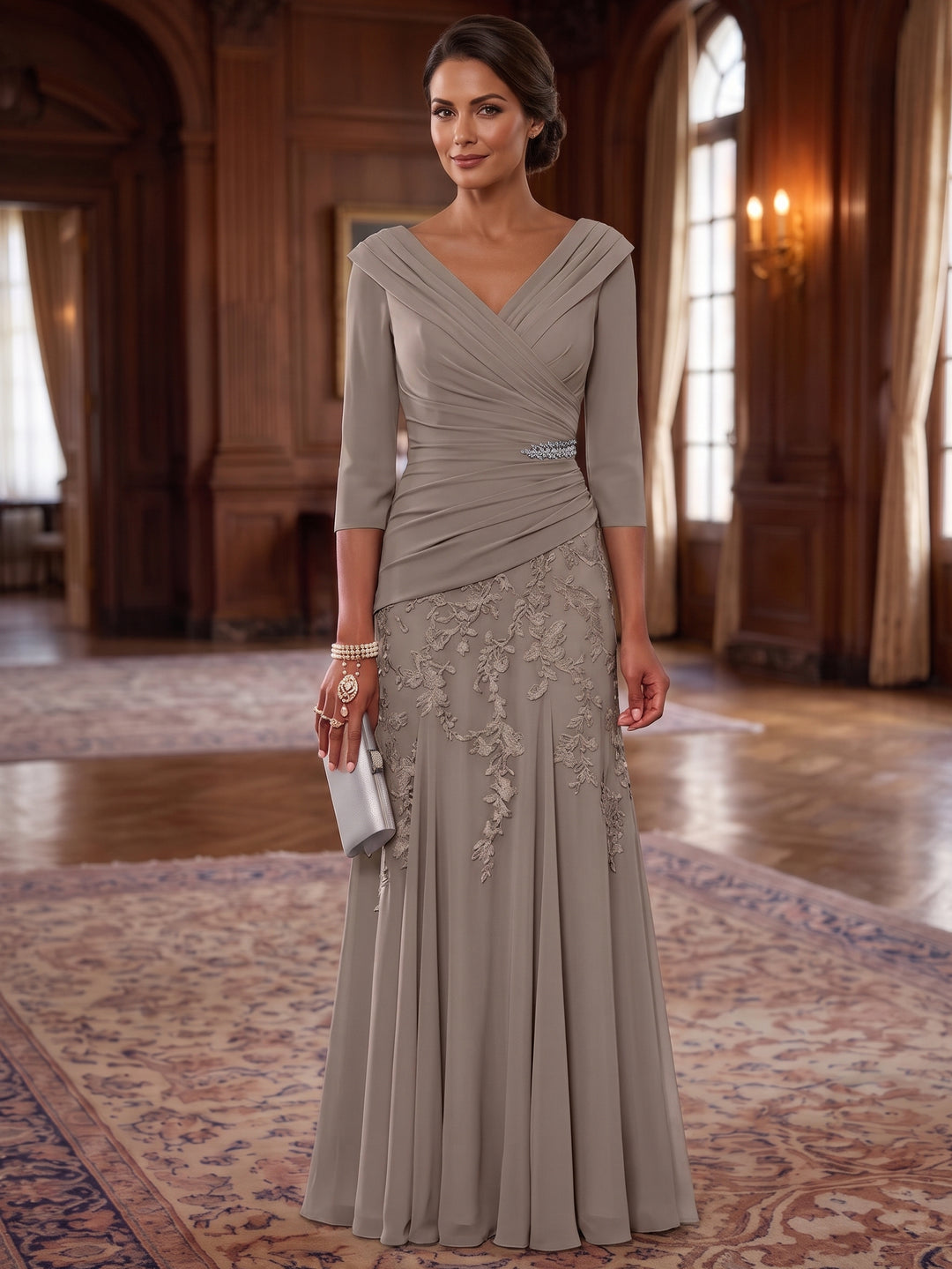 A-Line/Princess V-Neck Chiffon Mother of the Bride Dresses Lace 3/4 Sleeves Floor-Length Ruched