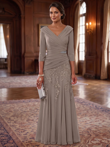 A-Line/Princess V-Neck Chiffon Mother of the Bride Dresses Lace 3/4 Sleeves Floor-Length Ruched