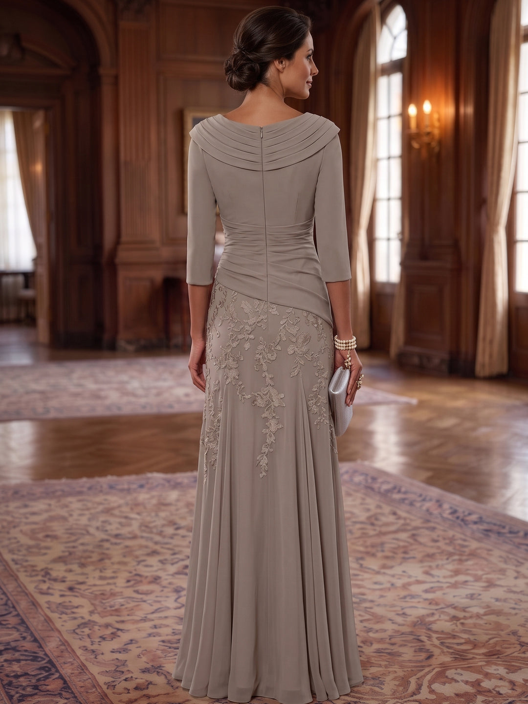 A-Line/Princess V-Neck Chiffon Mother of the Bride Dresses Lace 3/4 Sleeves Floor-Length Ruched