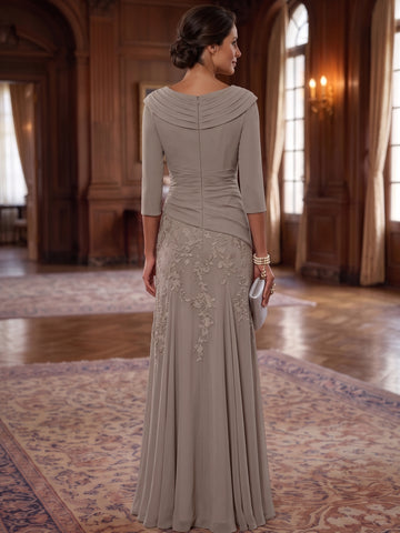 A-Line/Princess V-Neck Chiffon Mother of the Bride Dresses Lace 3/4 Sleeves Floor-Length Ruched