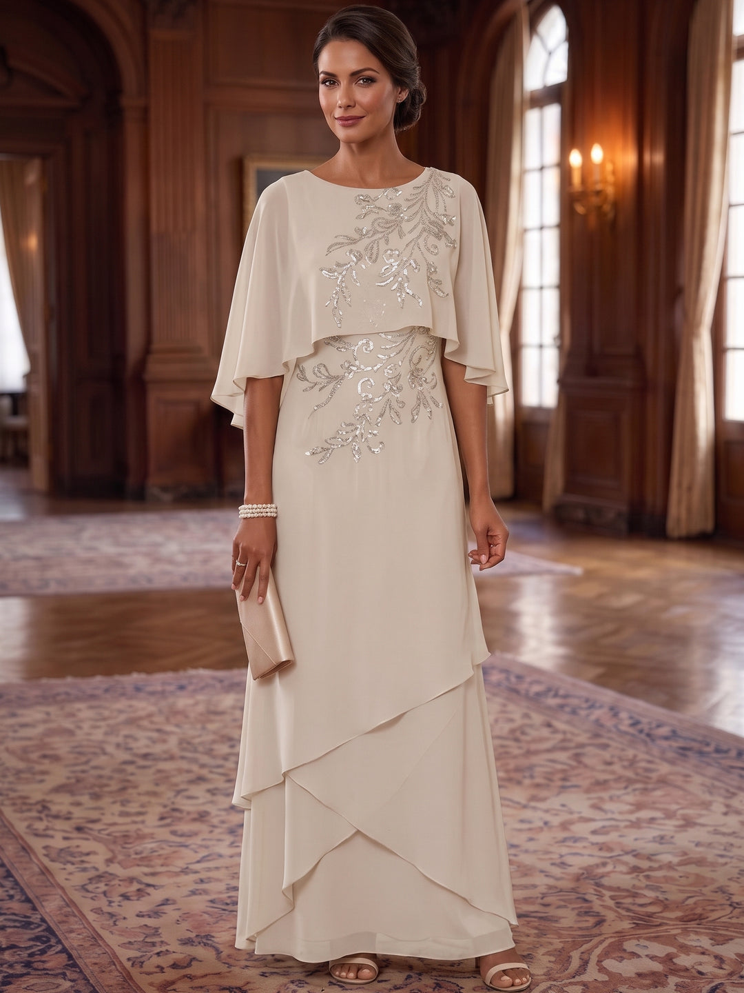 A-Line/Princess Scoop Chiffon Mother of the Bride Dresses Cape Sleeves Floor-Length Floral Sequins