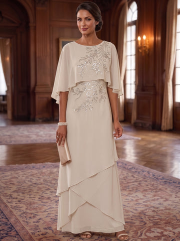 A-Line/Princess Scoop Chiffon Mother of the Bride Dresses Cape Sleeves Floor-Length Floral Sequins