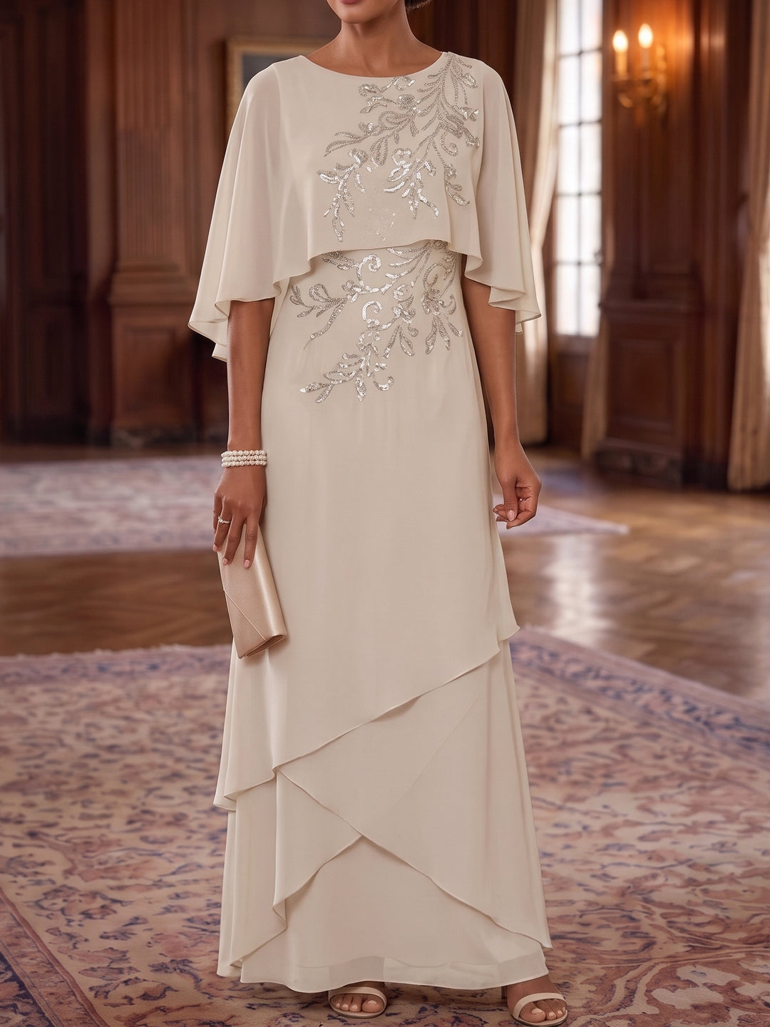 A-Line/Princess Scoop Chiffon Mother of the Bride Dresses Cape Sleeves Floor-Length Floral Sequins