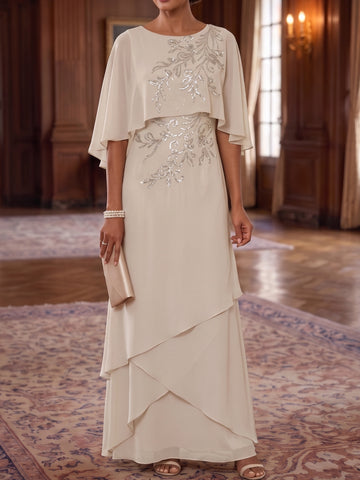 A-Line/Princess Scoop Chiffon Mother of the Bride Dresses Cape Sleeves Floor-Length Floral Sequins