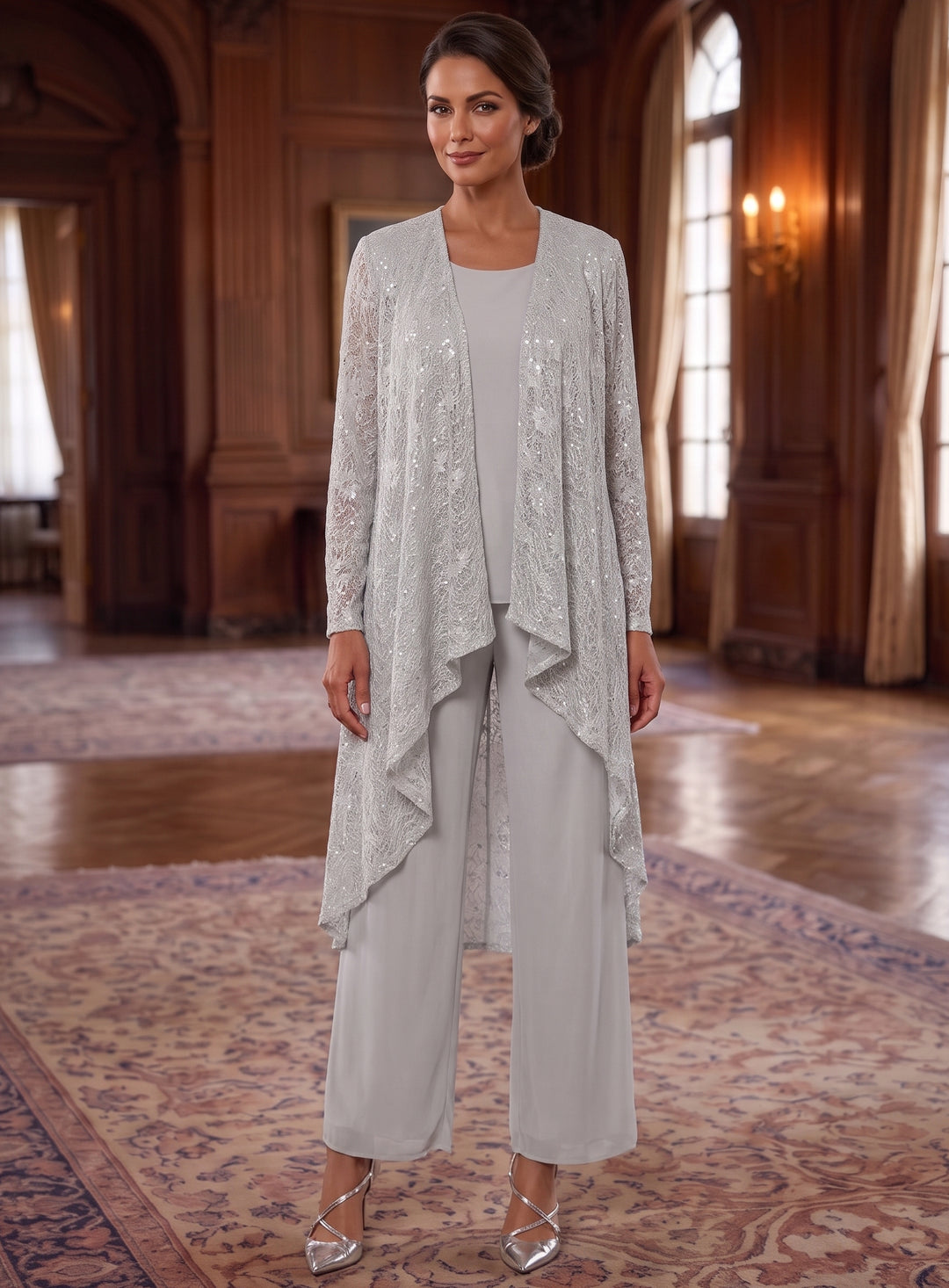 3 Pieces Chiffon Scoop Mother of the Bride Pantsuits Sleeveless & Long Sleeves Ankle-Length With Jacket