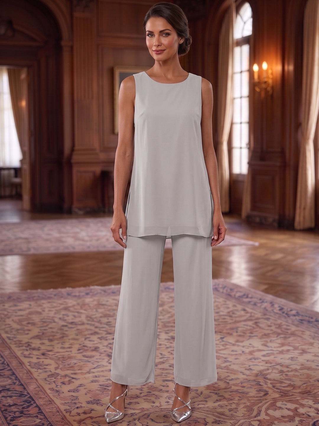 3 Pieces Chiffon Scoop Mother of the Bride Pantsuits Sleeveless & Long Sleeves Ankle-Length With Jacket