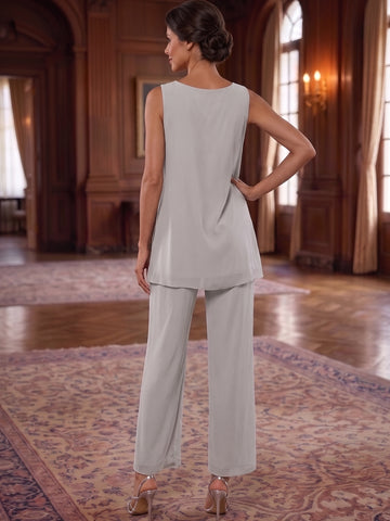3 Pieces Chiffon Scoop Mother of the Bride Pantsuits Sleeveless & Long Sleeves Ankle-Length With Jacket