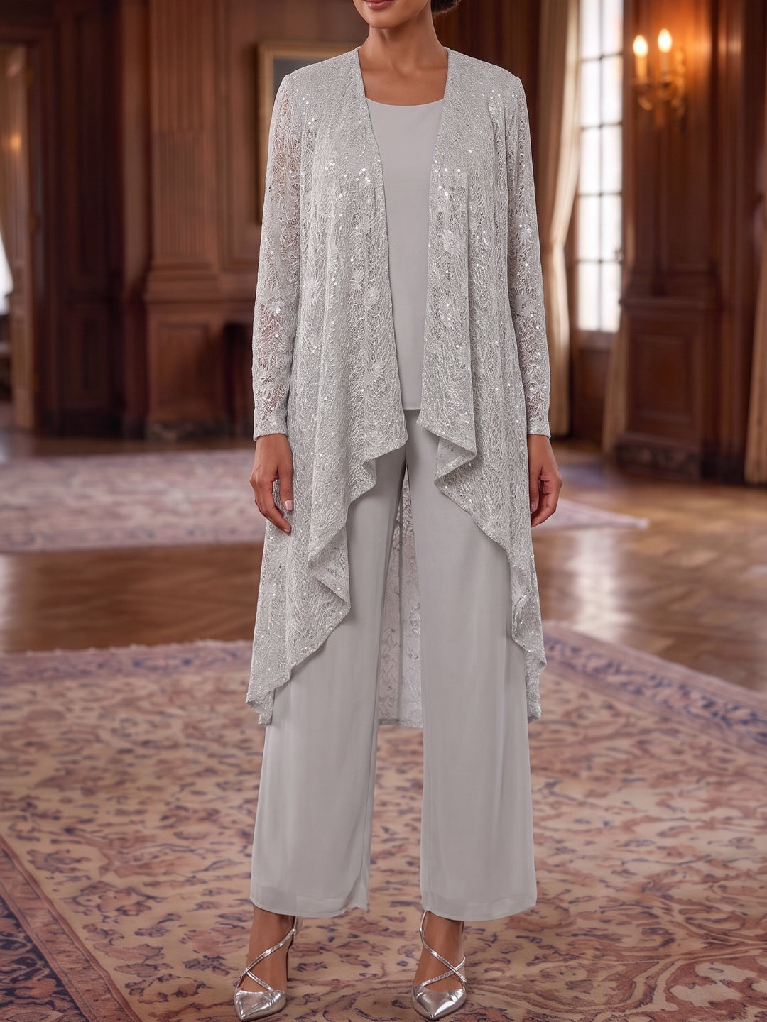 3 Pieces Chiffon Scoop Mother of the Bride Pantsuits Sleeveless & Long Sleeves Ankle-Length With Jacket