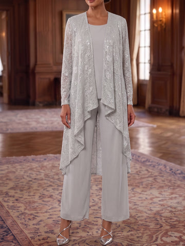 3 Pieces Chiffon Scoop Mother of the Bride Pantsuits Sleeveless & Long Sleeves Ankle-Length With Jacket