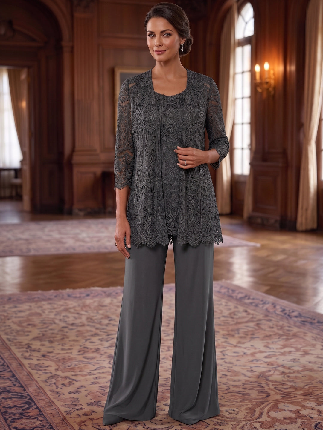 3 Pieces Chiffon Scoop Mother of the Bride Pantsuits Ankle-Length Lace 3/4 Sleeves & Sleeveless With Jacket