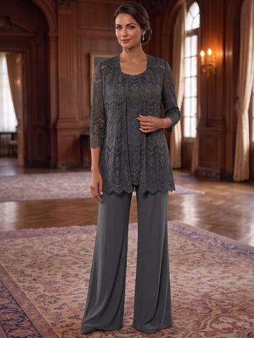 3 Pieces Chiffon Scoop Mother of the Bride Pantsuits Ankle-Length Lace 3/4 Sleeves & Sleeveless With Jacket