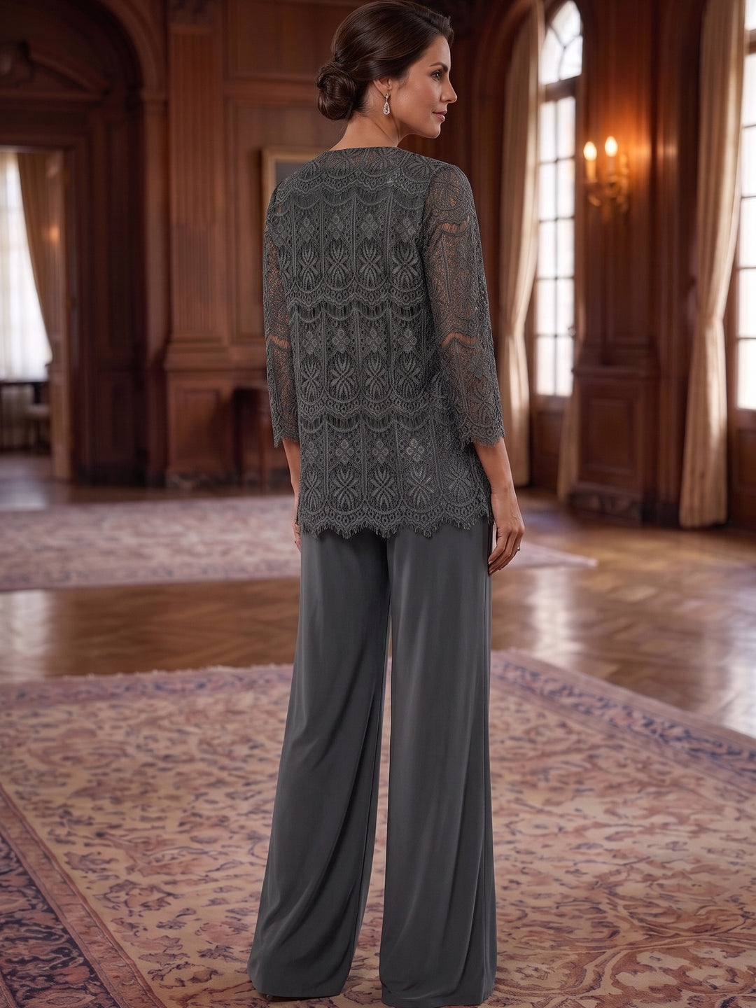 3 Pieces Chiffon Scoop Mother of the Bride Pantsuits Ankle-Length Lace 3/4 Sleeves & Sleeveless With Jacket
